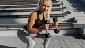 Attractive sportive young woman in sportswear doing squats with dumbbells outdoors