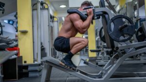 Man doing quadriceps exercise on hack squat machine at gym