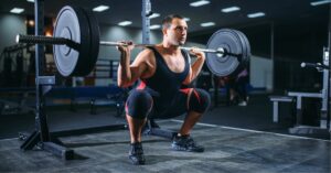 Powerlifter Doing Squats with Barbell in Gym,.